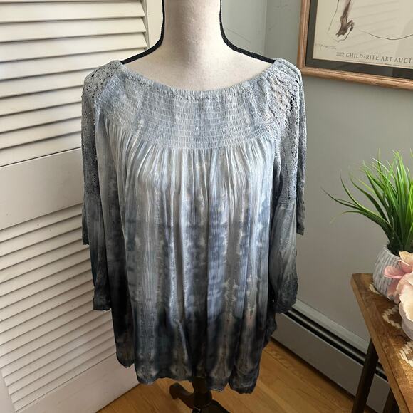 Vintage STUDIO WEST Top Womens Medium Gray Smocked Tunic Retro Y2K Boho Grunge - Picture 1 of 7
